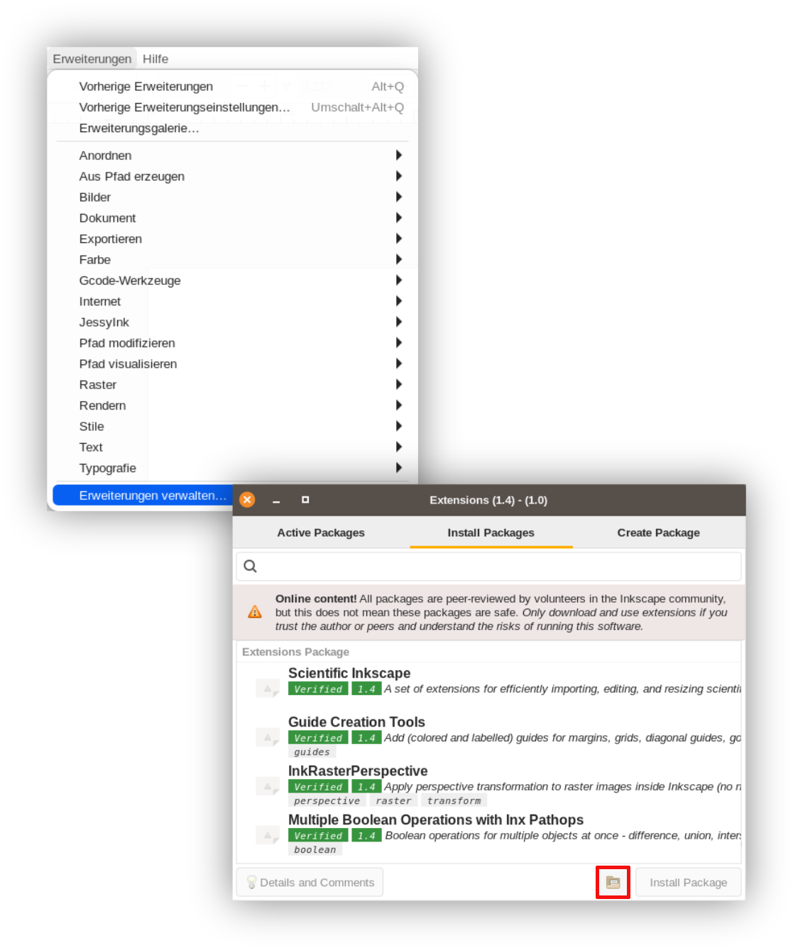Bildschirmfoto Menü und Erweiterungs-Manager von Inkscape