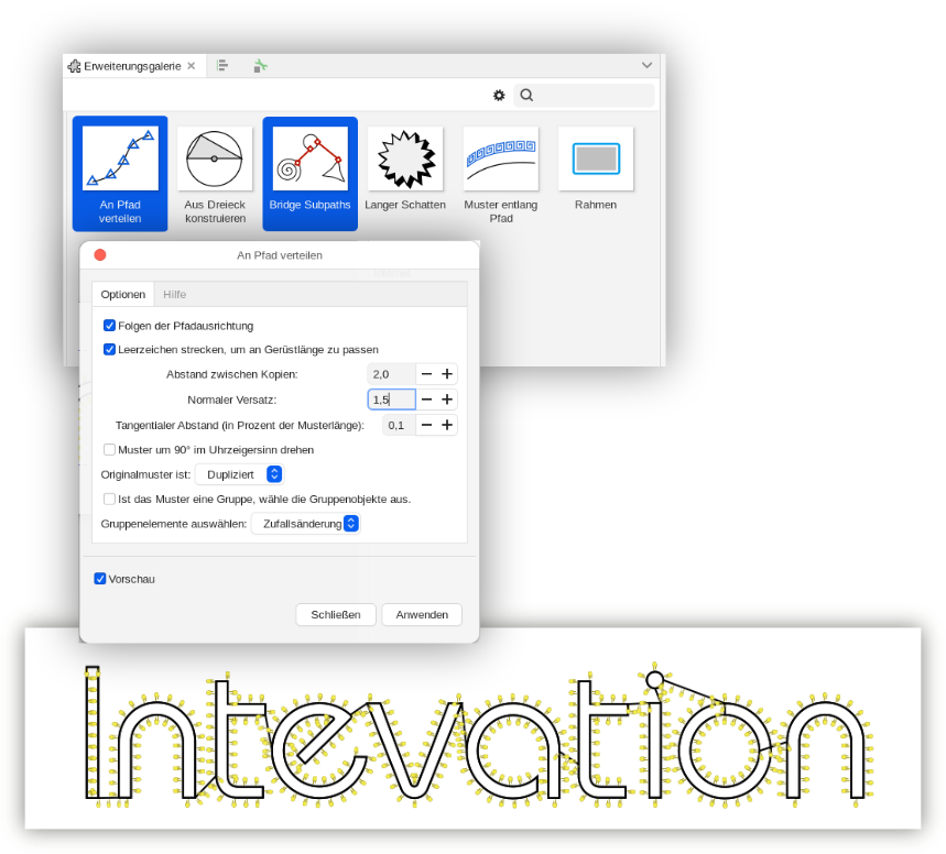 Bildschirmfoto Inkscape mit Weiterungsdialog und Schriftzug mit Leuchten